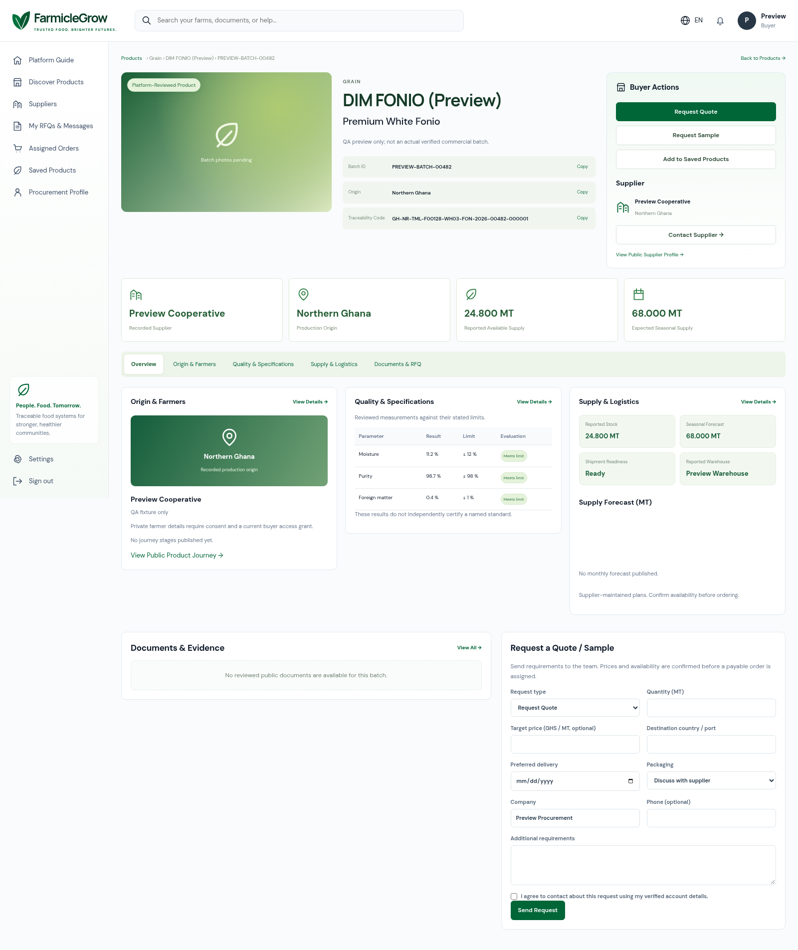 FarmicleGrow buyer product overview with origin, quality, supply and quote tools